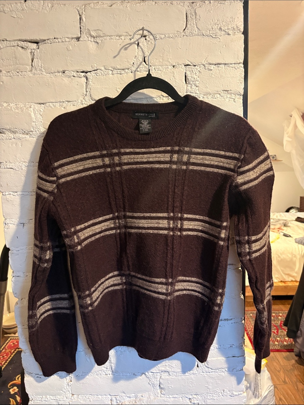 Kenneth Cole Dark Brown Crewneck Sweater with Beige Plaid Stripes Size M